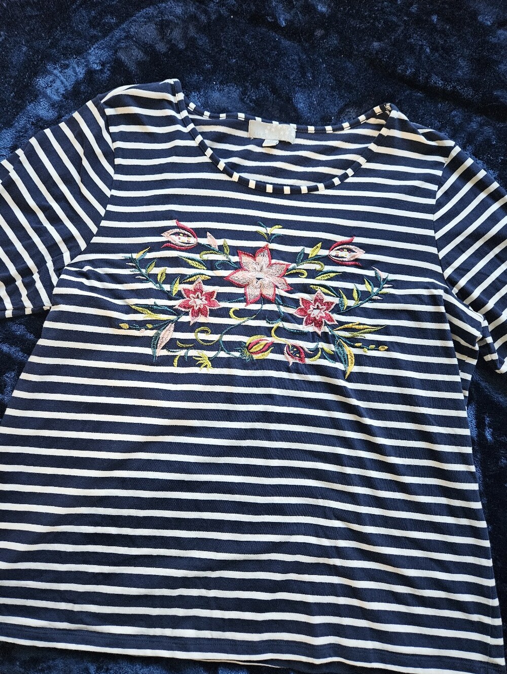 Carolyn Taylor Navy and White Striped Long Sleeve Tee with Floral Embroidery